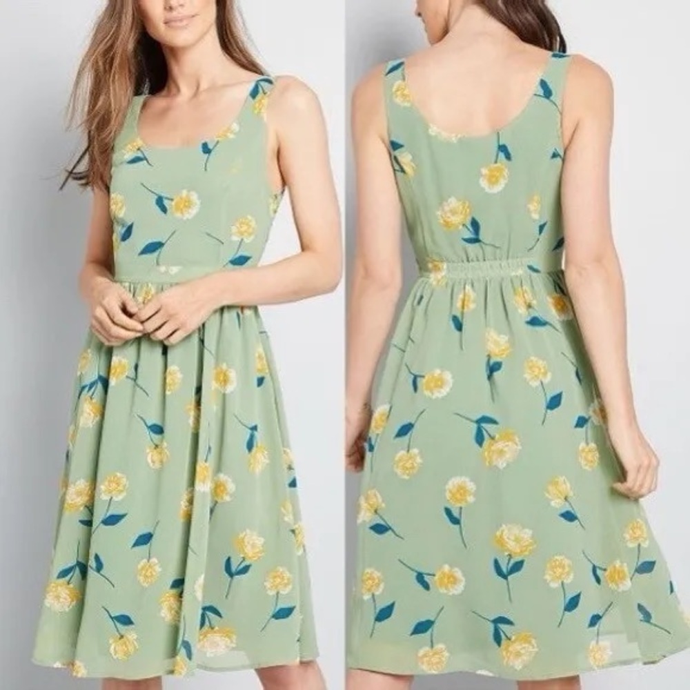 NWT large sage blue and yellow floral fit and flare chiffon dress from modcloth
